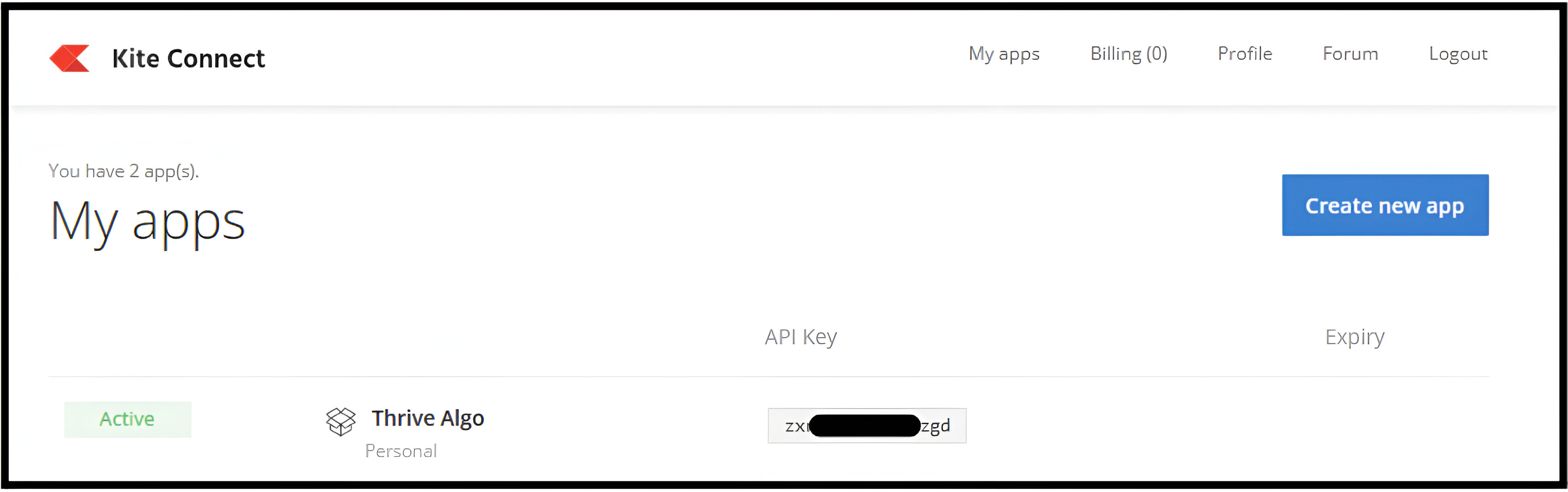Zerodha Kite My Apps Dashboard